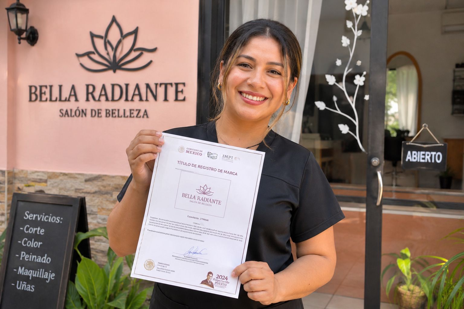 Business owner holding official IMPI Título de Registro de Marca trademark certificate, Mexico
