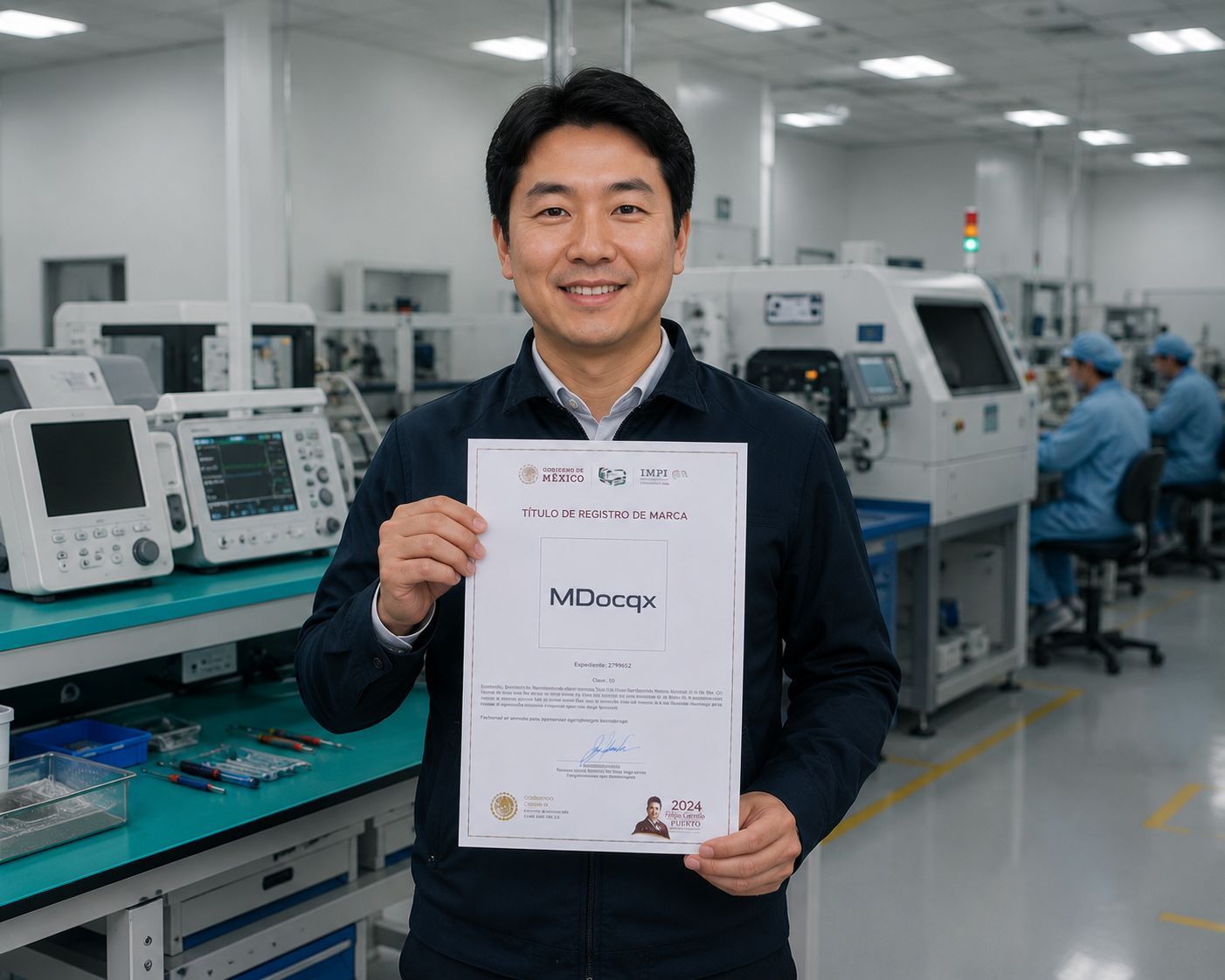 Tech entrepreneur holding ConsultroniX IMPI trademark certificate, Mexico