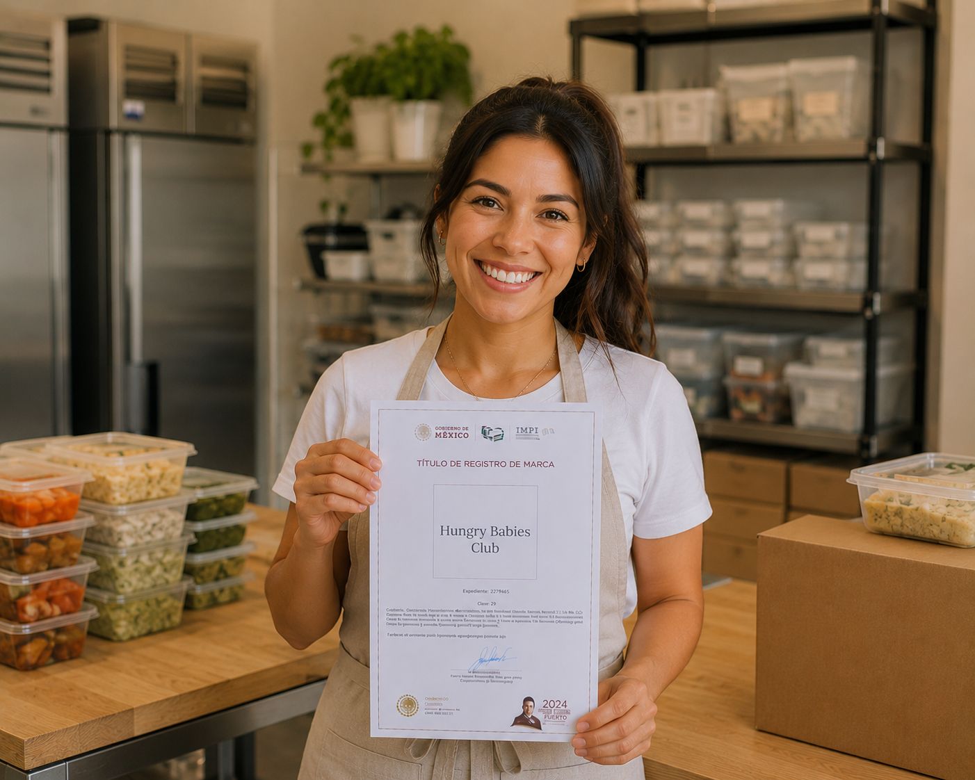 Hungry Babies Club food brand owner holding IMPI trademark certificate, Mexico