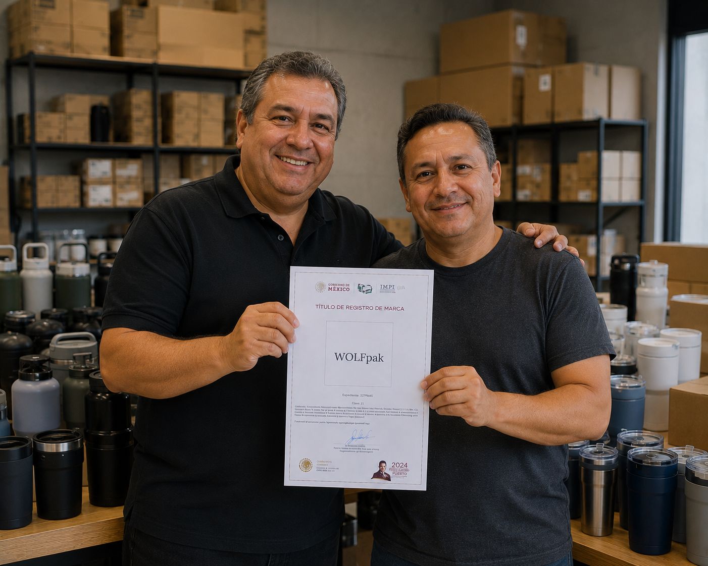WOLFpak brand founders holding IMPI Título de Registro de Marca, Mexico