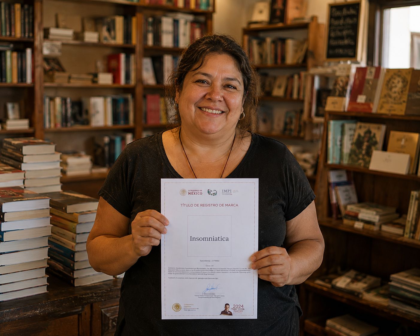 Algoritmo art brand owner holding IMPI trademark certificate in gallery, Mexico